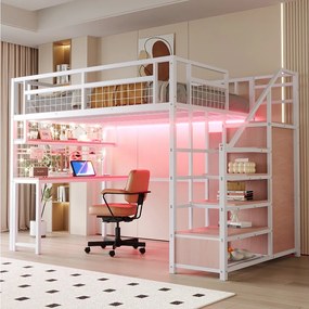 Łóżko piętrowe metalowe dla dzieci - 140 x 200 cm - z drabinką + szafa + półka + stolik + diody LED - białe