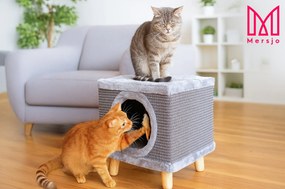 Solidny drapak dla kota, mały 38cm, szary z piórkiem i legowiskiem Cabin I