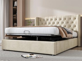 Łóżko tapicerowane welurowe 140x200cm z stelażem na listwach - Beżowe