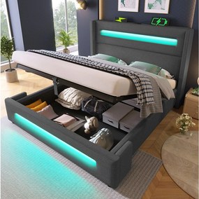 Łóżko 140x200 cm z pojemnikiem – łóżko dla dorosłych z ładowaniem USB i oświetleniem LED – szary len – bez materaca