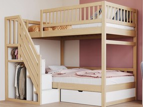 Łóżko piętrowe 90x200cm - z drabinką bezpieczeństwa - z 1 szufladą - z stelażem na listwach - naturalne (materac nie wliczony)