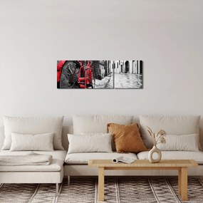 Obraz czerwonego roweru na brukowanej uliczce (z zegarem) (90x30 cm)