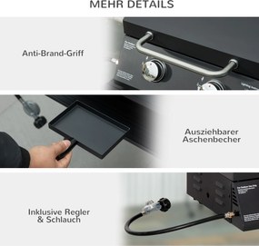 Outsunny mobilny grill gazowy BBQ z 2 palnikami stal węglowa kolor czarny 55 x 46,5 x 41 cm