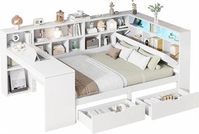 Antresola - podświetlana z biurkiem i biblioteką - 140 x 200 cm - z podświetlanym nadprożem + 2 szuflady + diody LED - MDF - biała