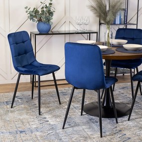 Zestaw Stół Okrągły LINO 100 cm Orzech/Czarny i 4 Krzesła Tapicerowane do Salonu PERU Granatowe Welurowe Nowoczesne Loft