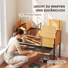 PawHut Domek dla żółwia, wybieg dla małych zwierząt, 2 pomieszczenia, 2 piętra, okna, rampy, akcesoria, drewno, stal, Żółty