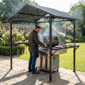 Outsunny Pawilon grillowy 2,52 x 1,56 m, wodoodporny grillowy pawilon z dwuspadowym dachem, boczną półką, hakami, stalową ramą, czarny | Aosom PL