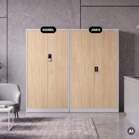 Szafa biurowa metalowa z zamkiem na szyfr szara/dąb sonoma, 900x1850x400 mm: DANIEL Eco Design