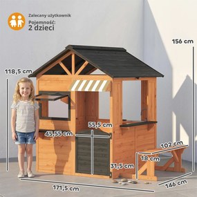 AIYAPLAY Drewniany domek dla dzieci z kuchnią, ławką, okienkami i drzwiami dla dzieci w wieku 3-8 lat, 171,5 x 146 x 156 cm, brązowy | Aosom PL