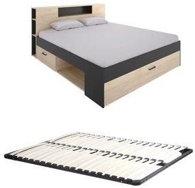 Łóżko ze skrzynią i szufladami - 140 x 190 cm - Kolory: naturalny i antracyt + Stelaż - LEANDRE
