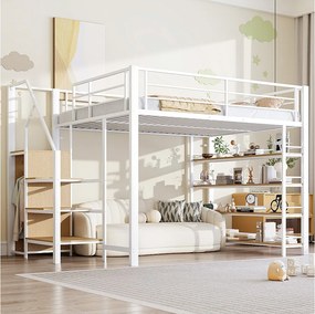 Łóżko piętrowe - 140 x 200 cm - z półkami + drabinka + szafa - białe