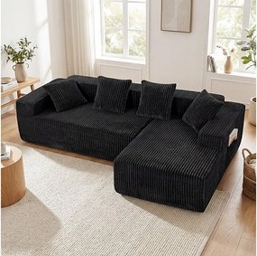Modułowa Narożna Sofa Prawa 3-osobowa, w Welurze Żebrowanym czarnym, z 4 Poduszkami, leżanką i boczną kieszenią, 261x156x80cm