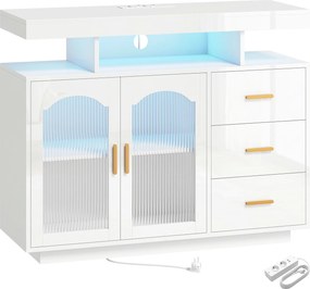 HOMCOM Komoda w wysokim połysku z oświetleniem LED, wbudowanymi gniazdkami, 3 szufladami, półkami i 2 drzwiami akrylowymi, biały | Aosom PL