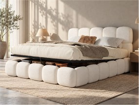 Tapicerowane łóżko dwuosobowe z pojemnikiem 200x200 cm - ze stelażem listewkowym - tkanina bouclé - białe (materac nie jest dołączony)