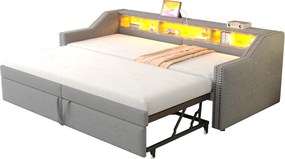 Tapicerowana rozkładana sofa - 90/180 x 200 cm - ze schowkiem + diodami LED + port USB - len + metal + sklejka + płyta MDF - jasnoszary
