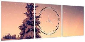 Obraz ośnieżonego drzewa na łące (z zegarem) (90x30 cm)