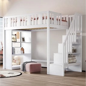 Łóżko piętrowe dla dzieci - 90 x 200 cm - ze schowkiem w schodach i półką - drewno + MDF - białe