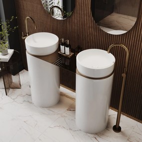 Dwie umywalki z konglomeratu wolnostojące okrągłe 85 x 40 cm RONA bez przelewu połączone półką szklaną | Różne kolory półki : Kolor szklanej półki - Niebieski, Kolor umywalki RONA - Biały połysk, Podłączenie syfonu - Do podłogi