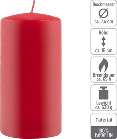 Zestaw świec słupkowych, 15 cm, Ø 7,5 cm, czerwony, 6 sztuk.