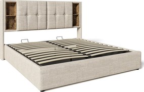 Łóżko ze schowkiem 140x200 cm, łóżko dla dorosłych z portem USB i ładowaniem bezprzewodowym - naturalny len (bez materaca)