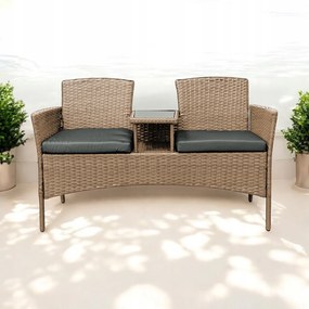 Meble ogrodowe Ratina NM-03, dwuosobowa sofa ze stolikiem, kolor naturalny, poduszki szare