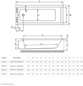 Wanna do zabudowy prostokątna cm ELEGA | Różne rozmiary : Rozmiar - 160 x 70 cm