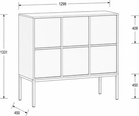 Szafa biurowa FRAME, niska, czarna podstawa, 6x drzwi, 1299 x 450 x 1331 mm, PUSH-lock, orzech