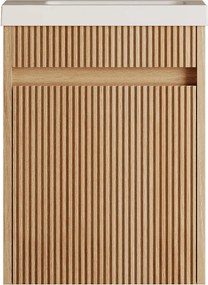 Wisząca szafka pod umywalkę z prążkowanego drewna jesionowego z umywalką z matowej białej żywicy - Naturalny jasny - 40 x 25,5 x 54 cm - DROVI