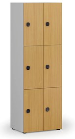 Drewniana szafka skrytkowa S4, 6 schowków, demontaż, zamek kodowy, szary/buk