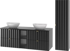 Czarny Zestaw Łazienkowy 140cm Szafka z Blatem Regał Umywalka Słupek Ryflowane Fronty Arcos
