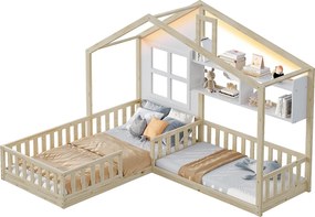 Łóżko dziecięce kabinowe - 90 x 200 cm + 140 x 70 cm - z półkami - MDF + sosna - w zestawie stelaż z listew - naturalny