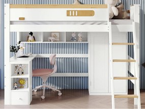 Łóżko mezzanine z drewna - 90x200 cm - z półkami, biurkiem i szafą - Białe