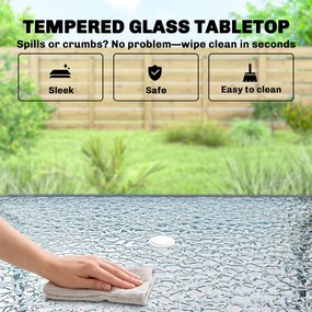 Outsunny Zestaw Mebli Ogrodowych 119 x 68 cm Stół ze Szkła z 6 Składanymi Krzesłami Parasol Wzór Wodny Szary | Aosom PL