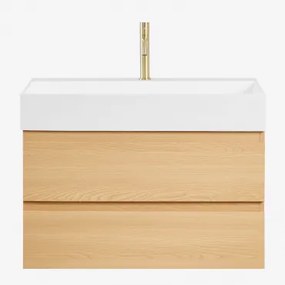 Zestaw Wiszących Mebli Łazienkowych Z Drewna I Forniru Jesionowego Zintegrowany Z Umywalką Ona Naturalna - Sklum