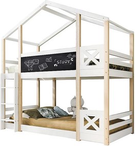 Łóżka piętrowe w formie domku 2x90x200 cm - z tablicą do rysowania - maksymalne obciążenie 120 kg - Sosna - Naturalny i biały