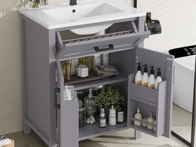 Meble łazienkowe na nogach - z ceramiczną umywalką - 2 drzwi - Szary (bateria nie jest dołączona)