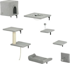 PawHut Ścianka Wspinaczkowa dla Kotów 7-częściowy Zestaw z Domkiem, Platformy, Szara