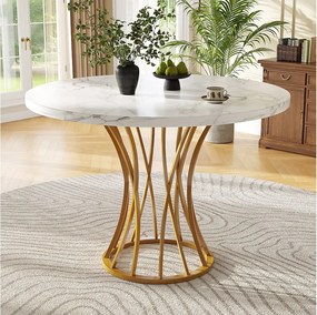 Okrągły stół jadalny dla 4-6 osób - D 80 x W 76 cm - Blat z płyty MDF marmurkowy i nogi metalowe w kolorze złotym - Biały + złoty