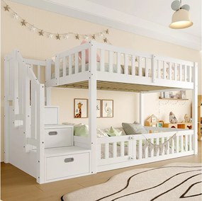 Łóżko piętrowe dla dzieci - 2 x 90 x 200 cm - drabinka z miejscem do przechowywania - płyta MDF + drewno - białe