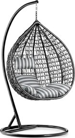 Czarne wiszące krzesło KOKON ze stojakiem, biało-szara poduszka