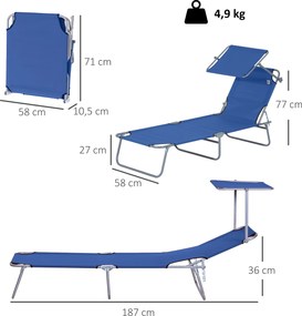 Outsunny Leżak ogrodowy składany z daszkiem przeciwsłonecznym do relaksu niebieski 187x58x36 cm | Aosom PL