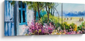 Obraz ogrodu przed domem, obraz olejny (z zegarem) (90x30 cm)