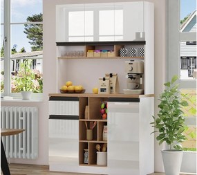 Nowoczesny bufet kuchenny 105×45×185 cm - 5 drzwi - regulowane półki - otwarte przechowywanie - biały i naturalny