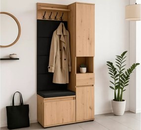Szafka na buty z siedziskiem + panel ścienny + wysoki słupek Folk 80 cm grafit/dąb artisan