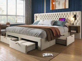 Łóżko dwuosobowe z weluru 160x200 cm - z 2 szafkami nocnymi i 4 szufladami - 2 lampki do czytania z gniazdem USB - Beżowe (materac nie jest w zestawie)