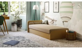 Tapicerowane/z płyty wiórowej łóżko jednoosobowe ze schowkiem z materacem 80x190 cm w kolorze ochry/beżowe Parys – ELTAP