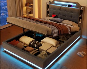 Tapicerowane łóżko z pojemnikiem 140x200cm - z oświetleniem LED - z komorą do przechowywania - USB+TYPE-C - len - szare (materac nie wliczony)