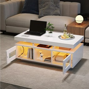 Stolik kawowy błyszczący - 100 x 50 x 43 cm - z diodami LED + 2 drzwi + port ładowania i gniazdo - płyta wiórowa - biały