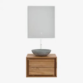 Zestaw Wiszących Mebli Łazienkowych Z Drewna Tekowego Jabari Drewno Tekowe & Okrągły Szary Cement Ø40 Cm - Sklum