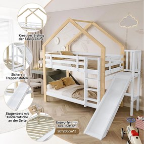 Łóżko piętrowe dwuosobowe - 2 x 90 x 200 cm - z drabinką, zjeżdżalnią i stelażem z listew - drewno i płyta MDF - kolor naturalny i biały